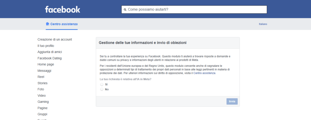 OPPOSIZIONE DATI SUI SOCIAL NETWORK